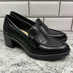 Lauren Blackwell Women's 7.5 Black Chunky Lug Sole Loafers Block Heel Preppy